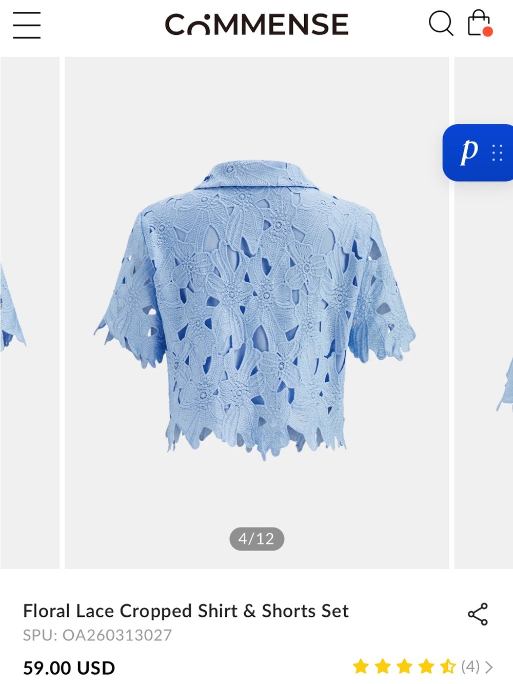 Commense Sky Blue Floral Lace Cropped Shirt & Shorts Set NWT - Picture 4 of 8